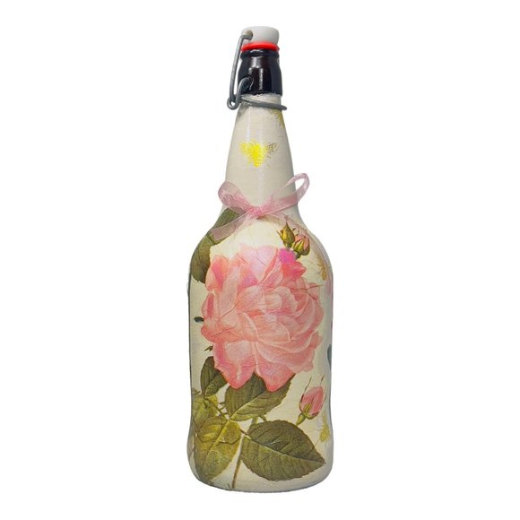 Hand Painted, Decoupaged and Clay Molded Flip Top Glass Bottle Vintage 3D Roses - Picture 14 of 15